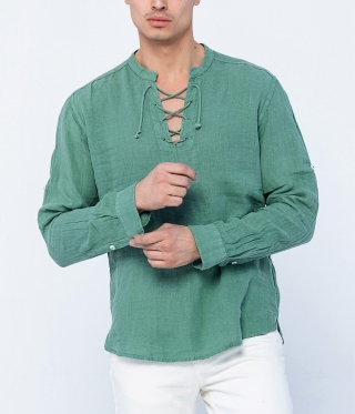 Ленена мъжка риза с връзки зелен пастел