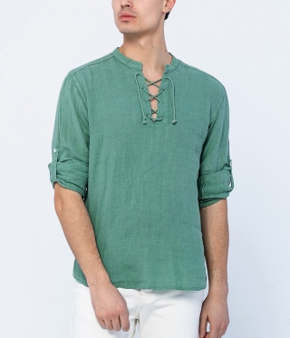 Ленена мъжка риза с връзки зелен пастел