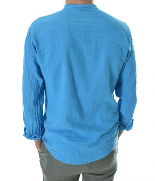 Мъжка синя риза от лен втален силует