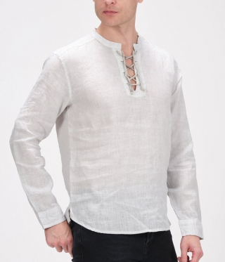 Мъжка ленена риза с връзки цвят Stone