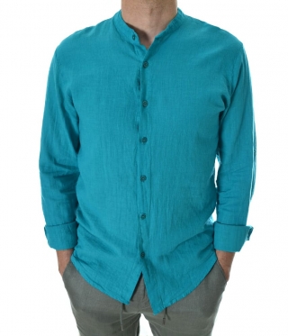 Ленена мъжка риза с попска яка в морско зелено