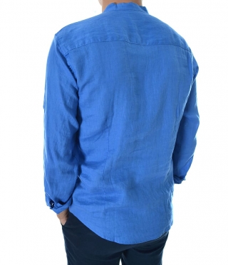 Мъжка ленена риза с попска яка в синьо-Роял
