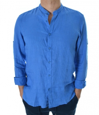 Мъжка ленена риза с попска яка в синьо-Роял