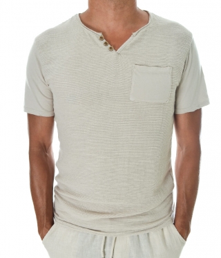 Мъжка бежова тениска лен с памук остро деколте