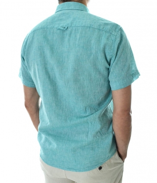 Мъжка ленена риза с къс ръкав зелен меланж