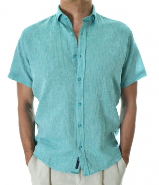 Мъжка ленена риза с къс ръкав зелен меланж