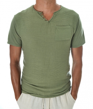 Мъжка зелена тениска лен с памук остро деколте