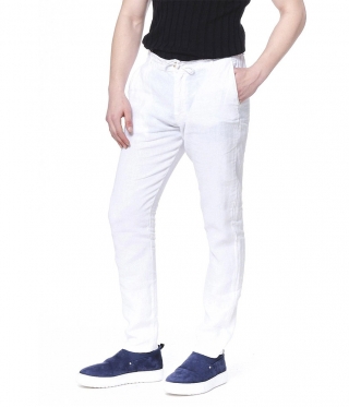 Мъжки Бял Ленен панталон с ластична талия