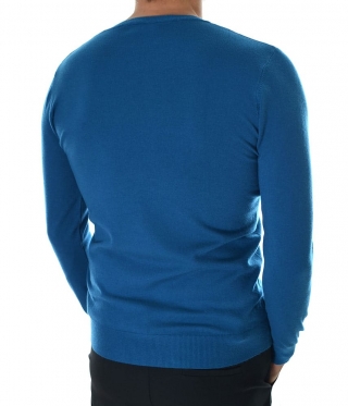 Мъжки пуловер обло деколте петролено синьо