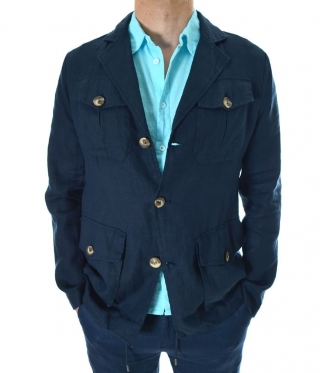 Мъжко тъмно-синьо ленено сако Сафари модел