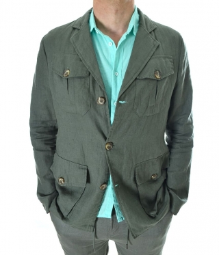 Мъжко маслено зелено ленено сако Сафари модел