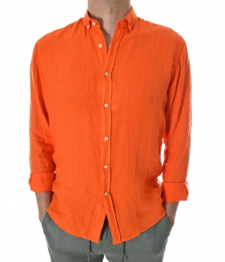 Оранжева Мъжка ленена риза с яка Premium