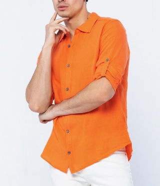Оранжева мъжка ленена риза с яка