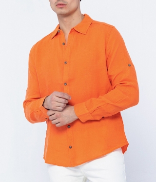 Оранжева мъжка ленена риза с яка