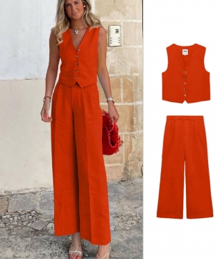 Дамски Ленен комплект елече с панталон в оранжево