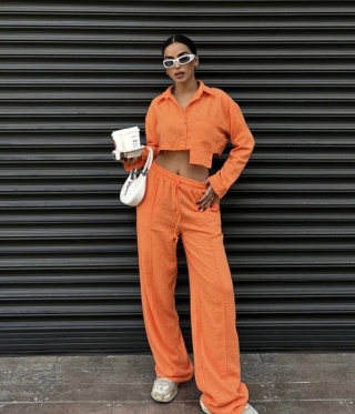 Оранжев Дамски летен комплект риза с панталон