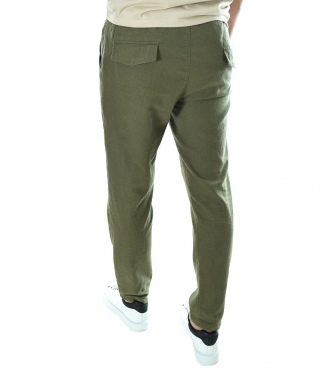 Мъжки панталон лен-памук ластична талия зелен