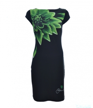 Дамска черна рокля с зелено цвете