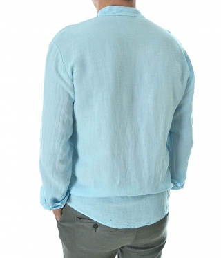 Небесно синя мъжка ленена риза с попска яка