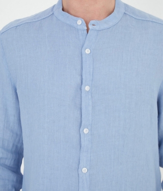 Мъжка синя ленена риза с права яка