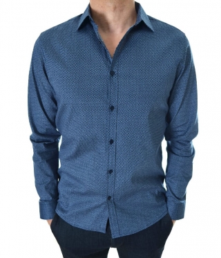Синя мъжка риза с ефектен ситен флорален принт