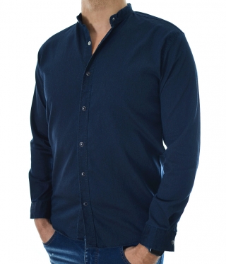 Мъжка тъмно синя дънкова риза с права яка
