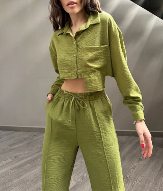 Зелен Дамски летен комплект риза с панталон