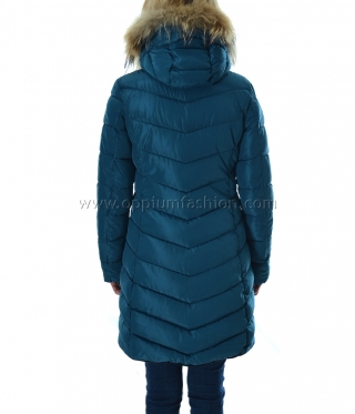 Зимно дамско яке с естествен косъм цвят петрол