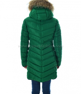Зимно дамско зелено яке с качулка естествен косъм