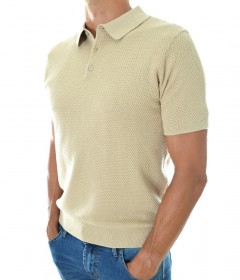Бежова мъжка тениска с якичка от фино плетиво