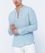 Мъжка светло синя ленена риза с връзки
