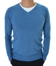 Мъжки син пуловер остро деколте