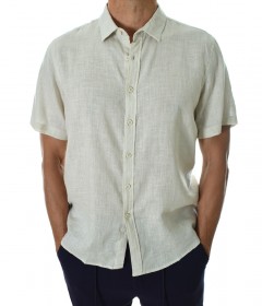 Мъжка ленена риза с къс ръкав Бежова - Slim Fit